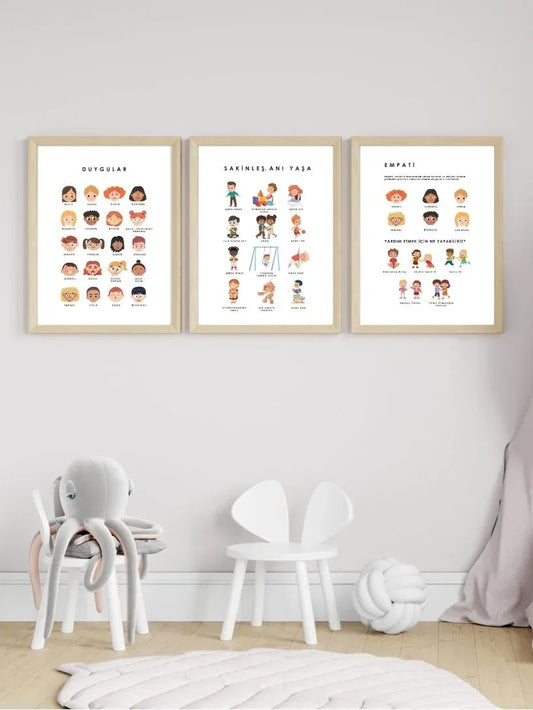 Çocuk ve Bebek Odası 3'lü Çerçevesiz Poster Seti - Duygular - Sıcak Atölye