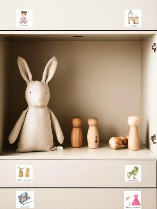 Figür ve Karakterler Temalı - Çocuk Odası Oyuncak Düzenleyici Etiketler - 45'li Set - Sıcak Atölye