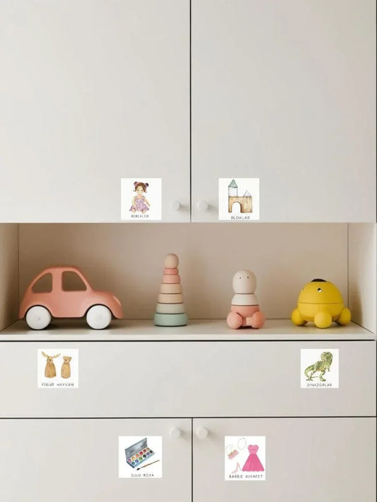 Figür ve Karakterler Temalı - Çocuk Odası Oyuncak Düzenleyici Etiketler - 45'li Set - Sıcak Atölye
