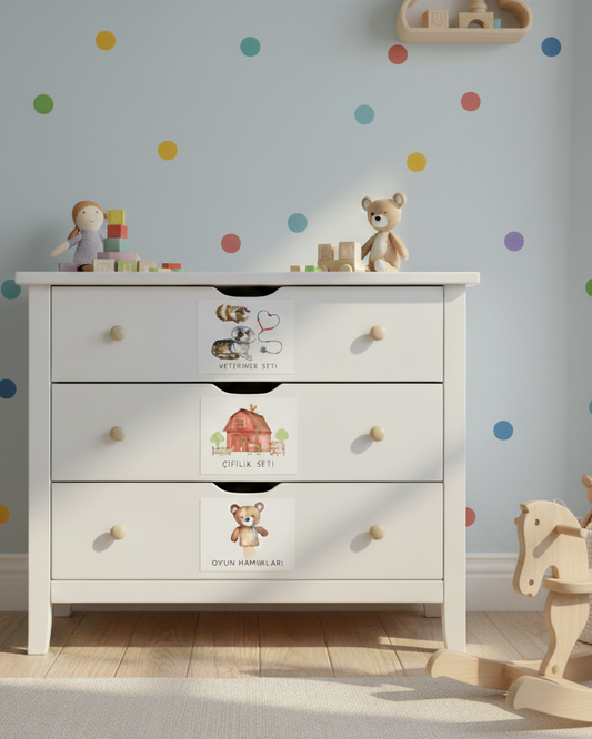 Rol Yapma ve Setler Temalı - Çocuk Odası Oyuncak Düzenleyici Etiketler - 45'li Set