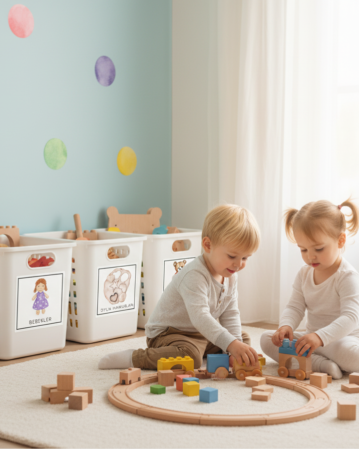 Araç ve Blok Temalı - Çocuk Odası Oyuncak Düzenleyici Etiketler - 45'li Set