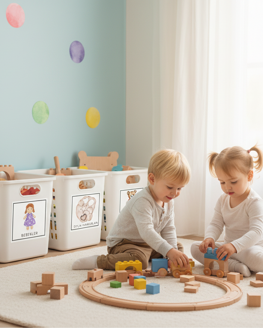 Araç ve Blok Temalı - Çocuk Odası Oyuncak Düzenleyici Etiketler - 45'li Set