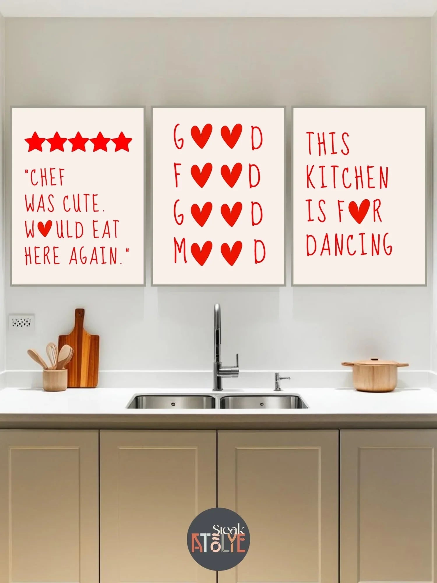 Mutfak Posteri - 3'lü Çerçevesiz Poster - Kalp Detay - Sıcak Atölye 