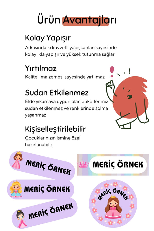 Kişiye Özel Okul Etiketleri – Dayanıklı & Sevimli Tasarım - model. Prenses