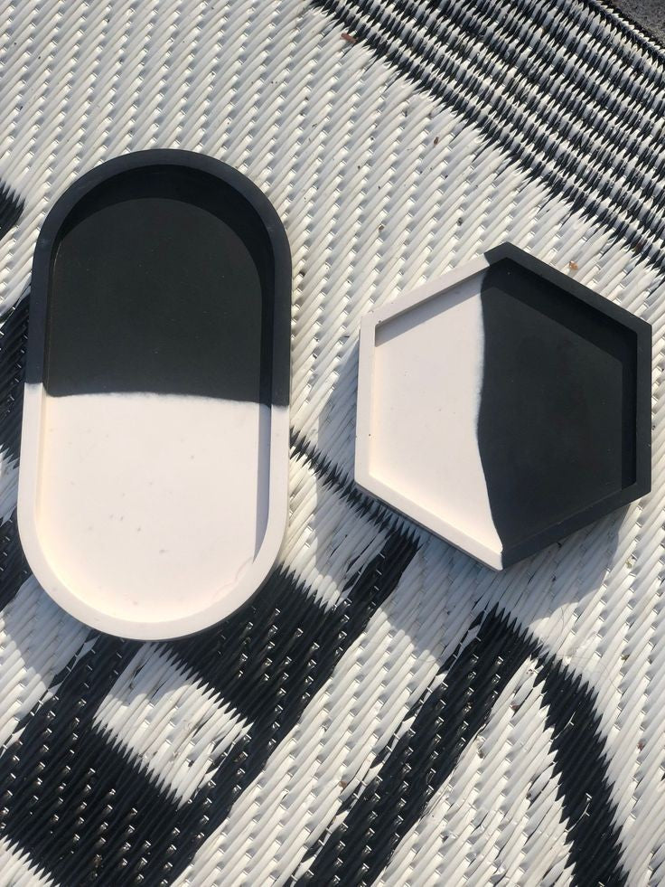 İki Renkli Beton Altık - 2'li Set - Oval Beton Tabak ve Altıgen Beton Tabak