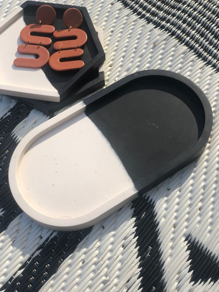 İki Renkli Beton Altık - 2'li Set - Oval Beton Tabak ve Altıgen Beton Tabak