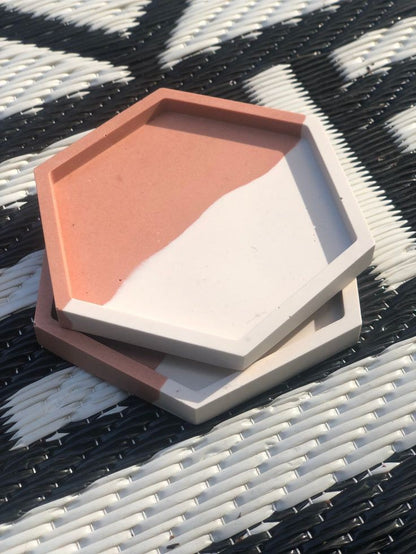 İki Renkli Beton Altık - 2'li Set - Oval Beton Tabak ve Altıgen Beton Tabak