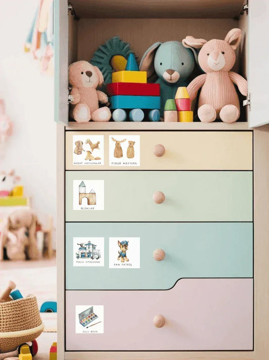 Hayvan Temalı - Çocuk Odası Oyuncak Düzenleyici Etiketler - 30'lu Set - Sıcak Atölye 