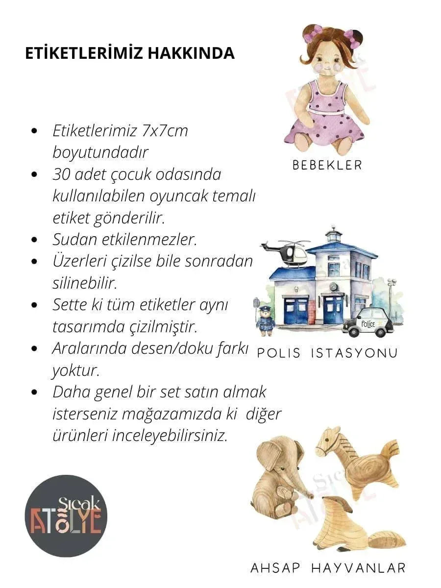 Hayvan Temalı - Çocuk Odası Oyuncak Düzenleyici Etiketler - 30'lu Set - Sıcak Atölye 