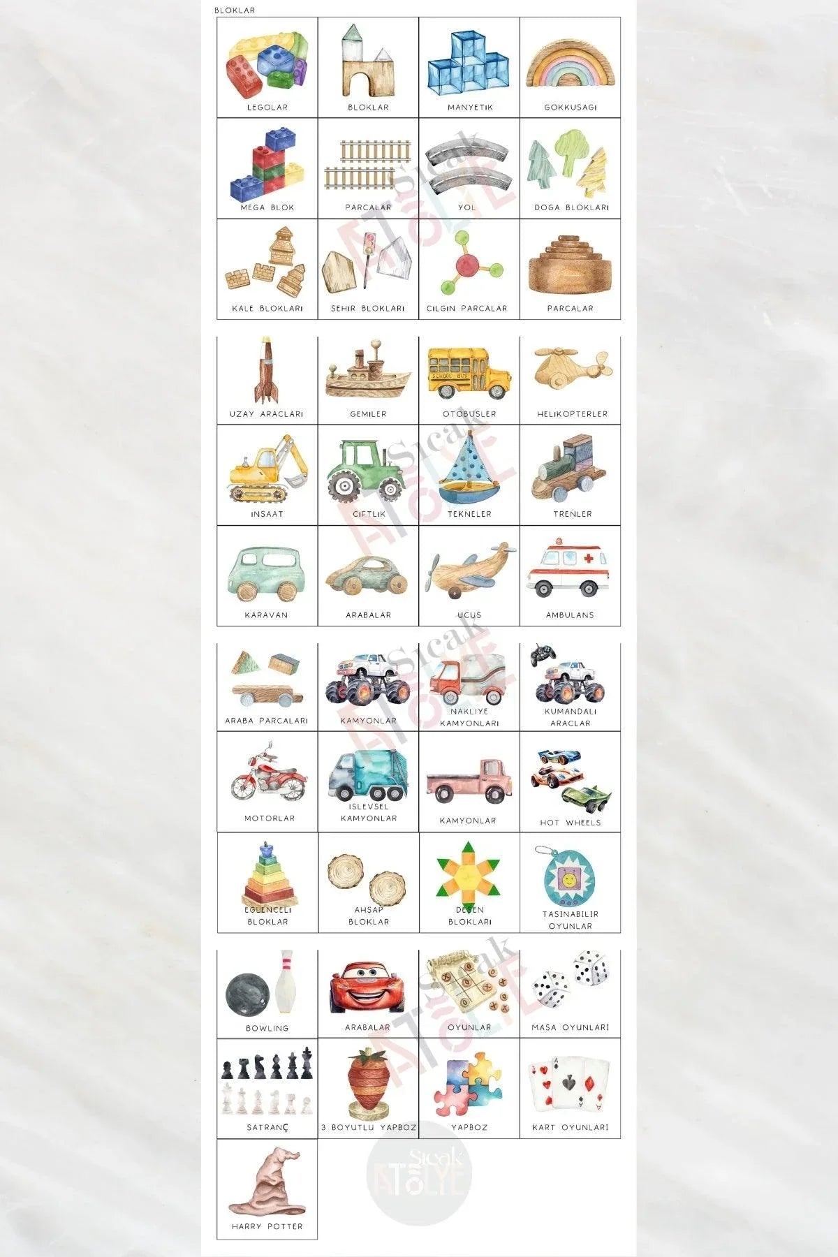 Araç ve Blok Temalı - Çocuk Odası Oyuncak Düzenleyici Etiketler - 45'li Set - Sıcak Atölye 