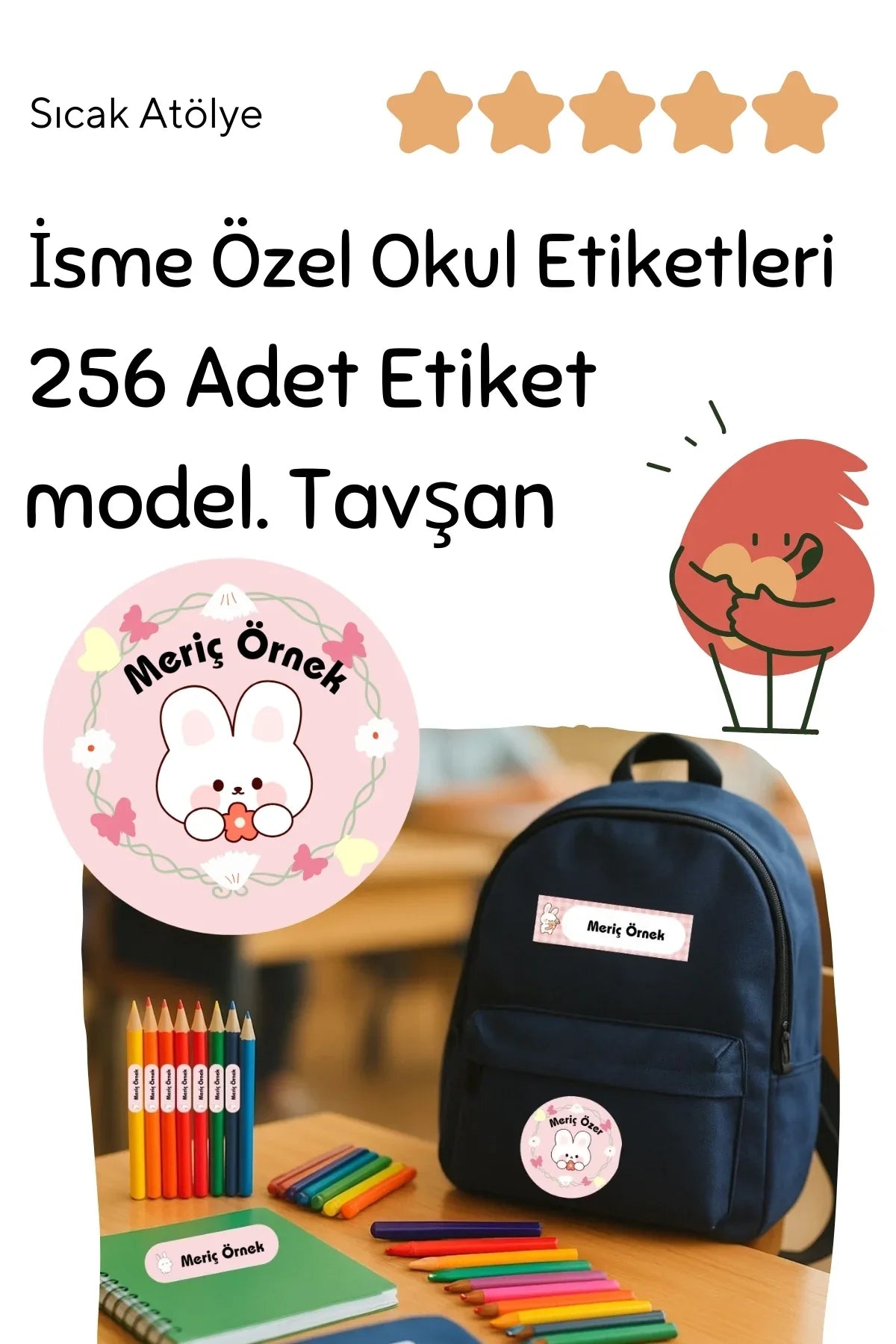 Kişiye Özel Okul Etiketleri – Dayanıklı & Sevimli Tasarım - model. Tavşan - Sıcak Atölye 
