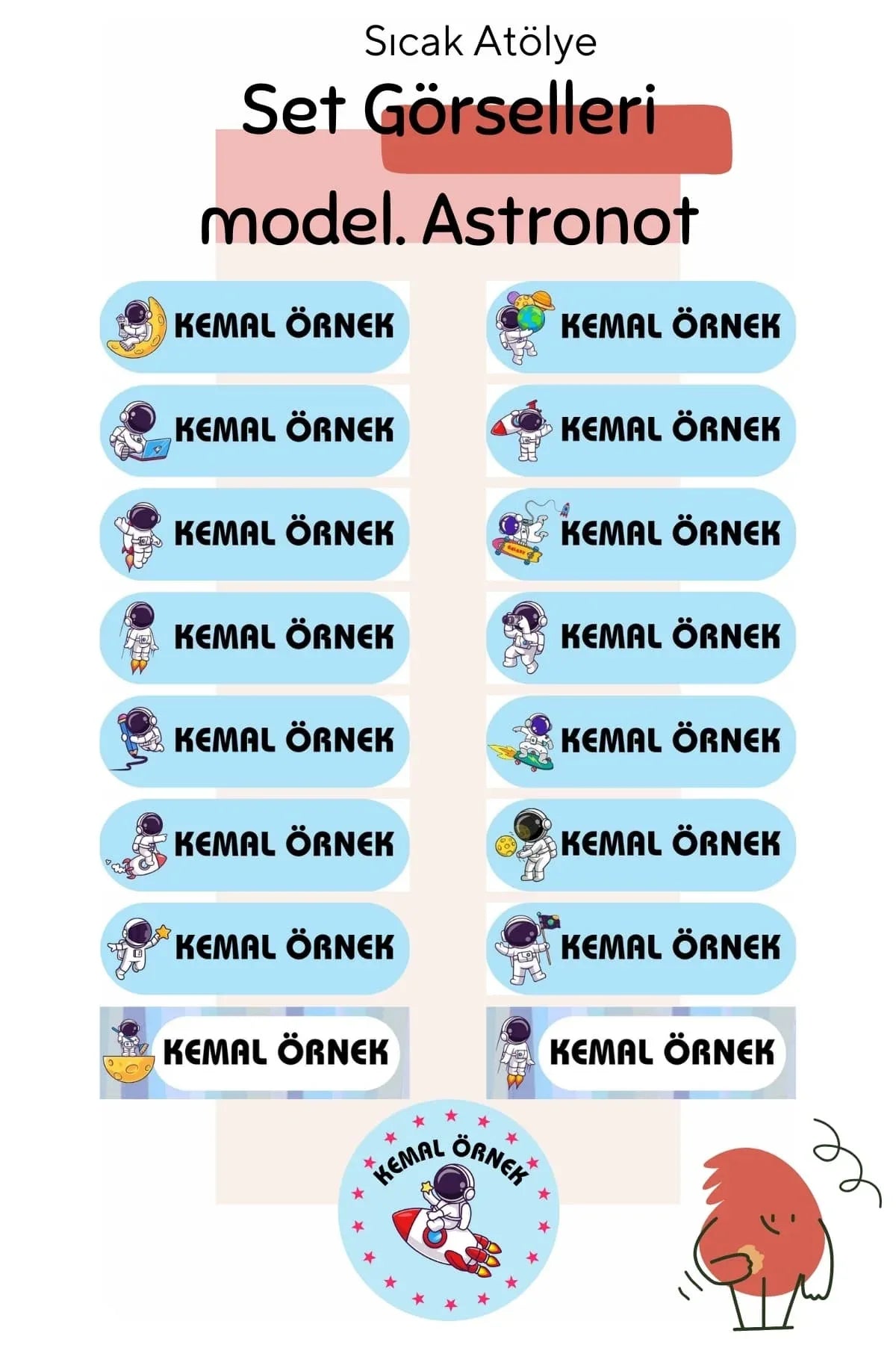 Kişiye Özel Okul Etiketleri – Dayanıklı & Sevimli Tasarım - model. Astronot - Sıcak Atölye 